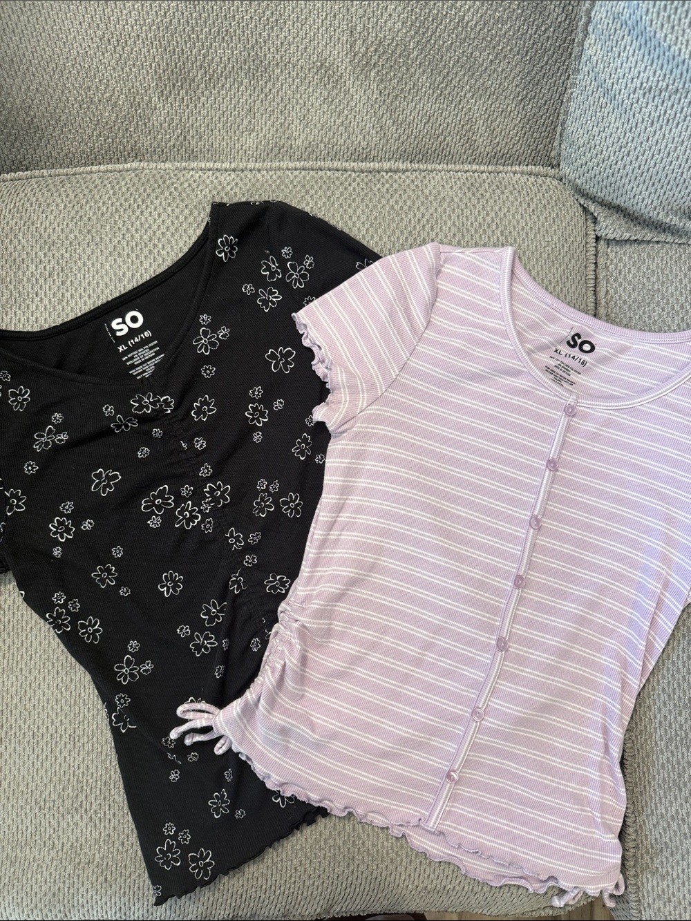 SO Girls' Black Floral & Lavender Stripe Short Sleeve Tops - 2-Pack